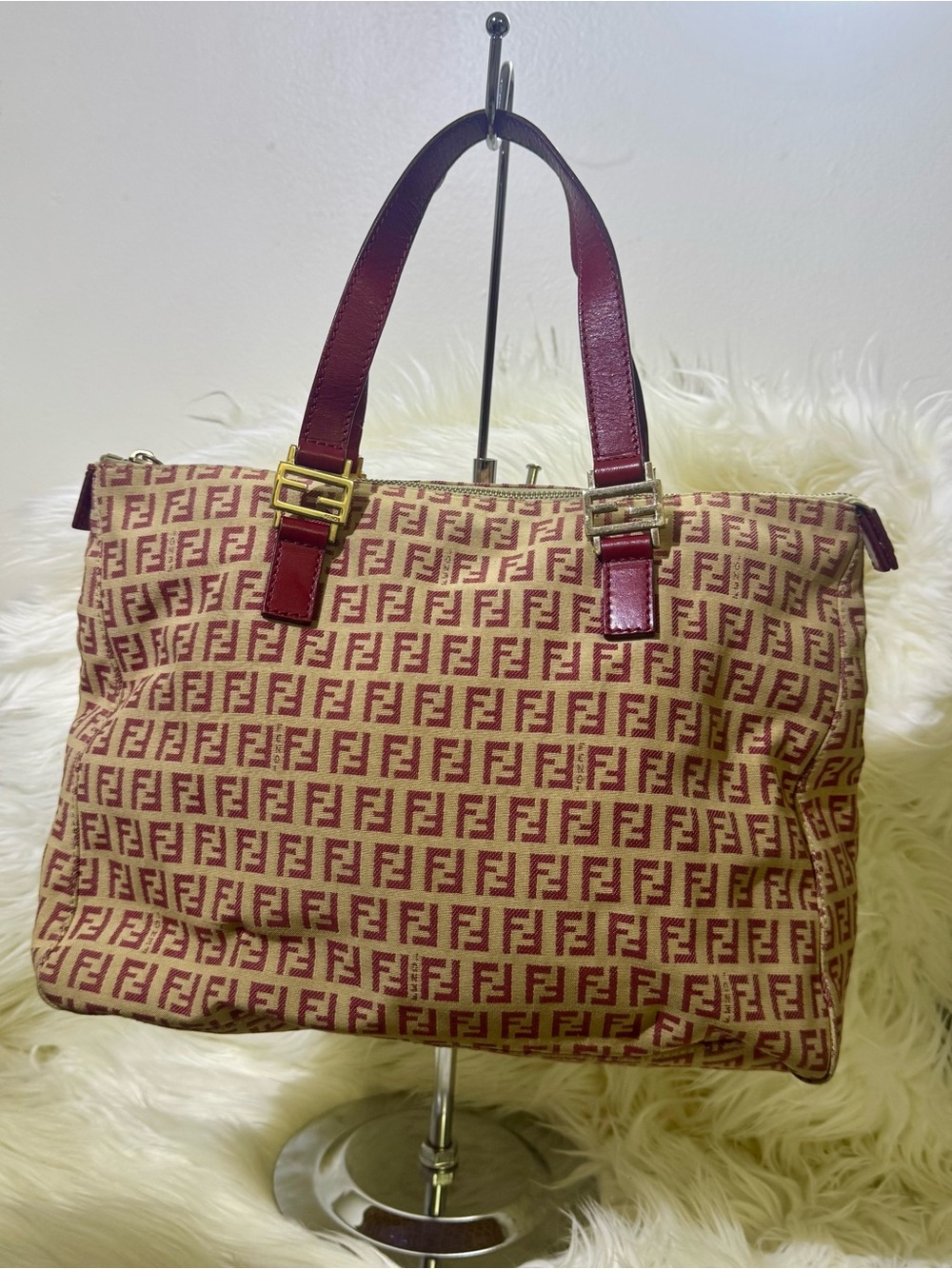 Fendi Brown & Burgundy Zucca Canvas Tote - Designer Women's Bag